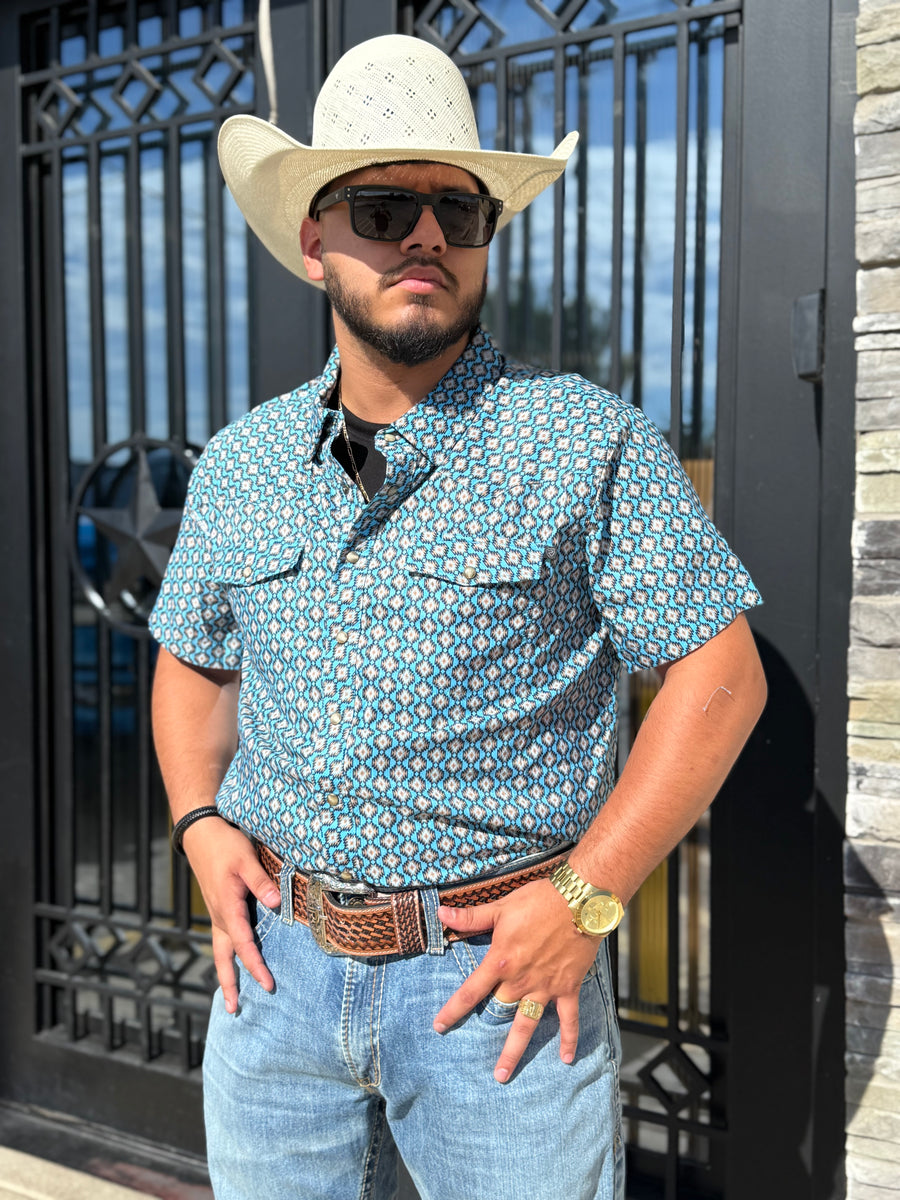 CARSON'' MEN'S ROCK & ROLL BLUE MINI AZTEC TEK WESTERN SNAP SHIRT
