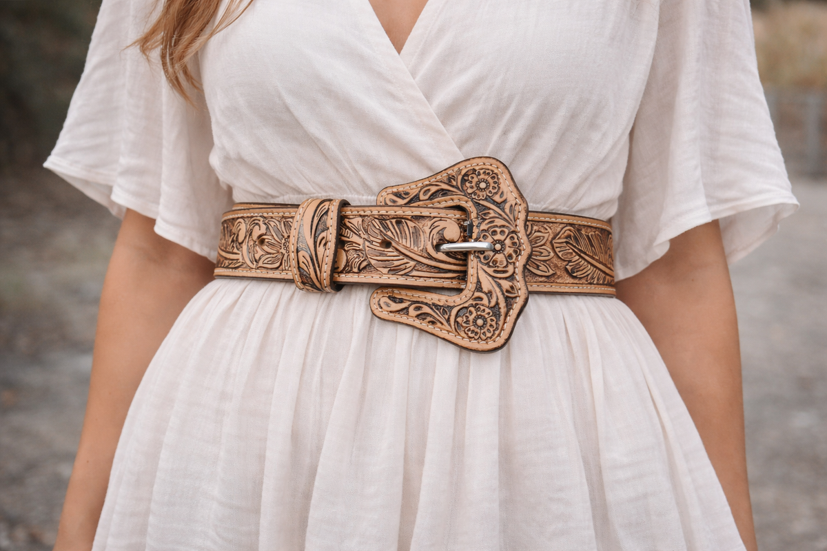 Kelly Women's Hand-Tooled Leather Belt – Light Brown – Botas Rojero
