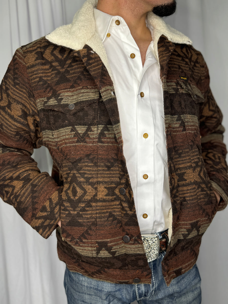 Wrangler Men's Jacquard Geometric Graphic Sherpa Brown Jacket