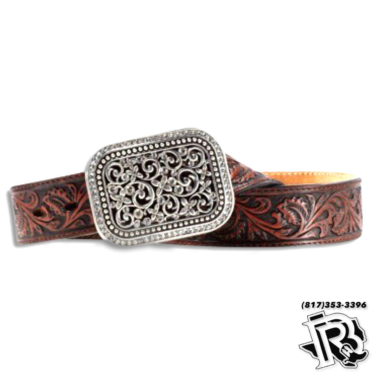 Ariat Women Ornamental Western Brown Leather Belt Silver Buckle‎ 30\