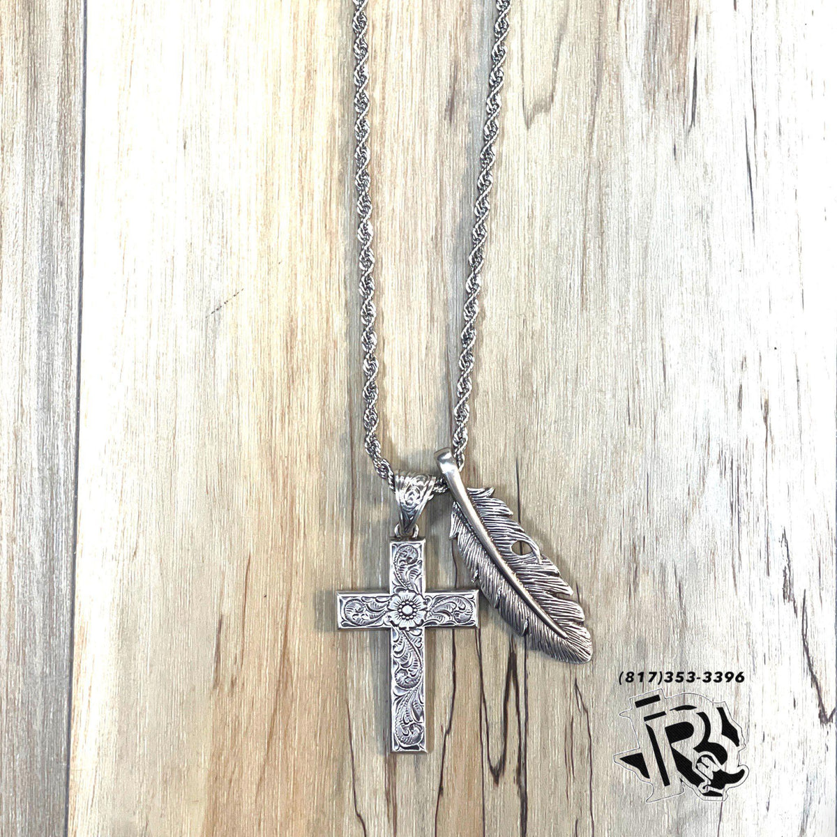 Rugged Western Style! Twister Men's Leather Inlay Cross Necklace (Silver, Style 32104)