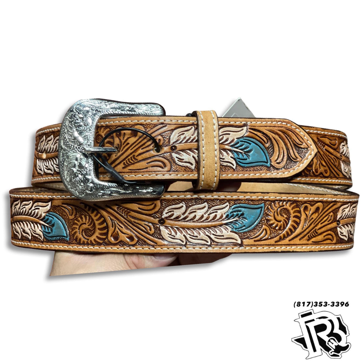 Turquoise blue and cream real hair western belt size small/medium leather Turquoise Western Floral Leather Strap Handmade Teal Belt  main image 3