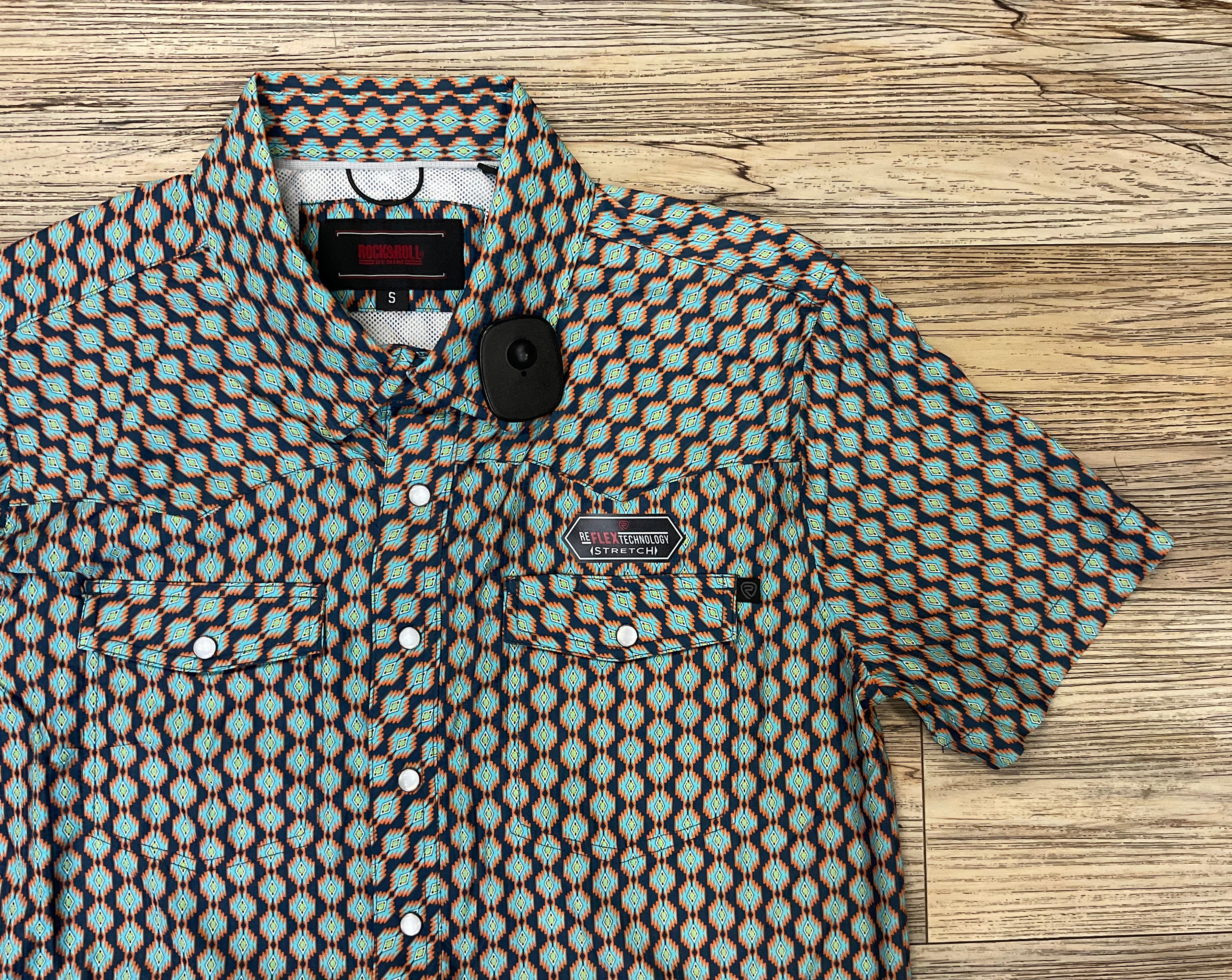 ‘’CESAR’’ MEN’S ROCK & ROLL TEAL MINI AZTEC TEK SNAP SHORT SLEEVE SHIRT |BMN3S06421
