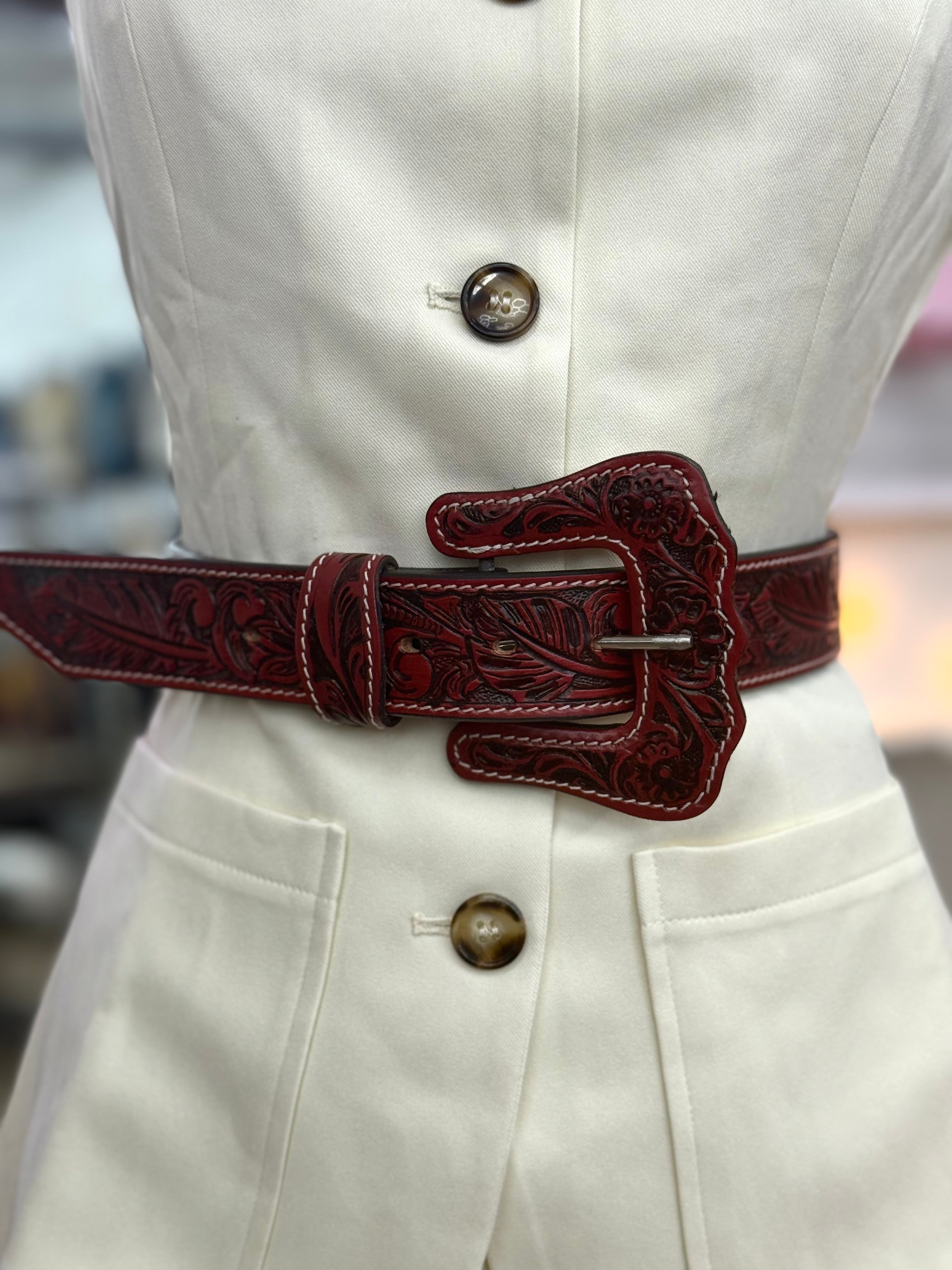 ‘’ HEATHER ’’ WOMENS TOOLED BURGENDY  BELT