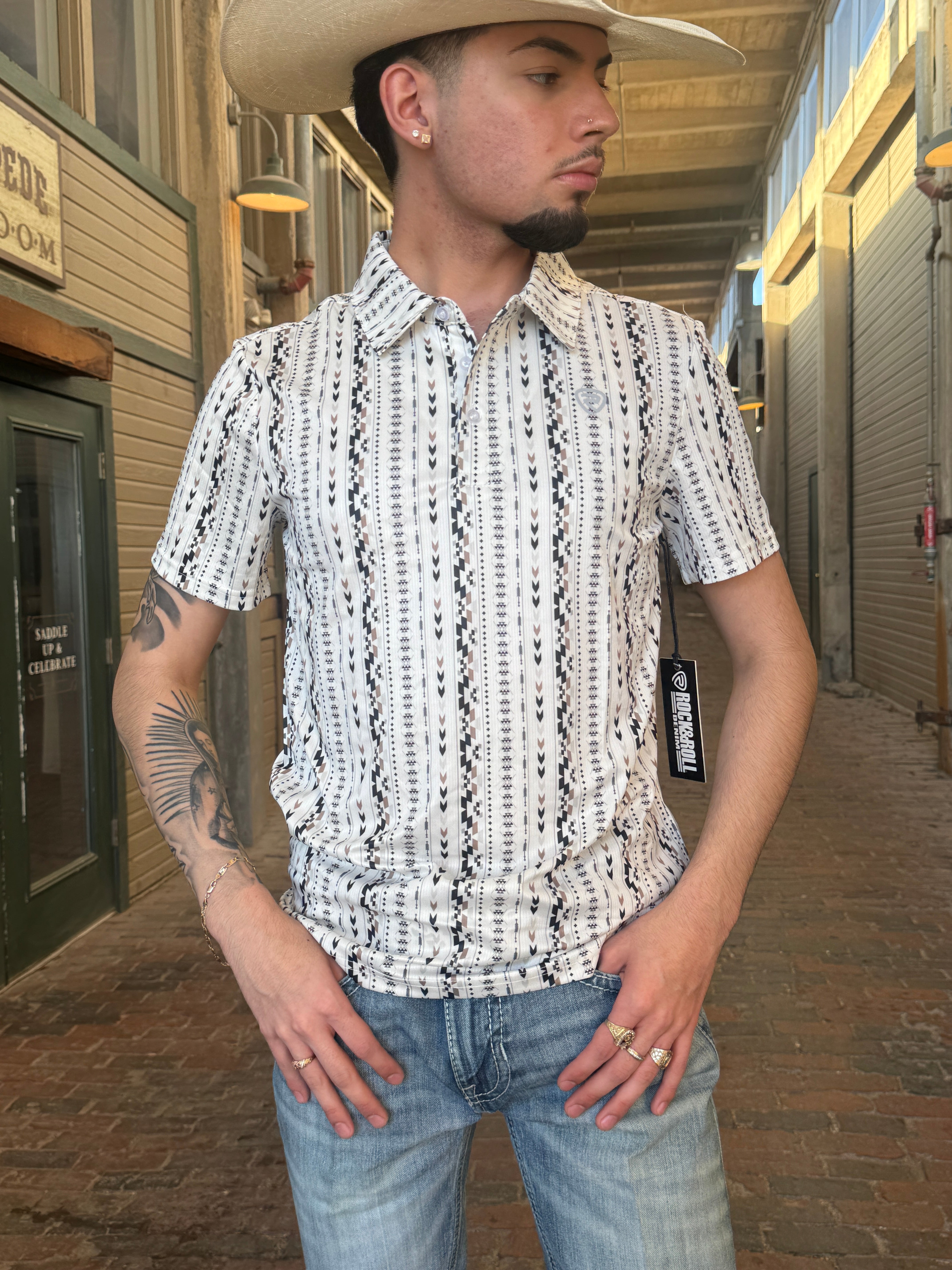 MEN’S ROCK & ROLL NATURAL AZTEC PRINTED POLO | BM51T06004