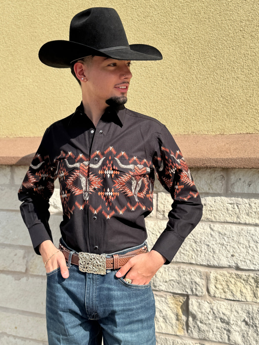 Rock & Roll Denim Men's Black Skull Aztec Border Long Sleeve Shirt |SMN2S06048