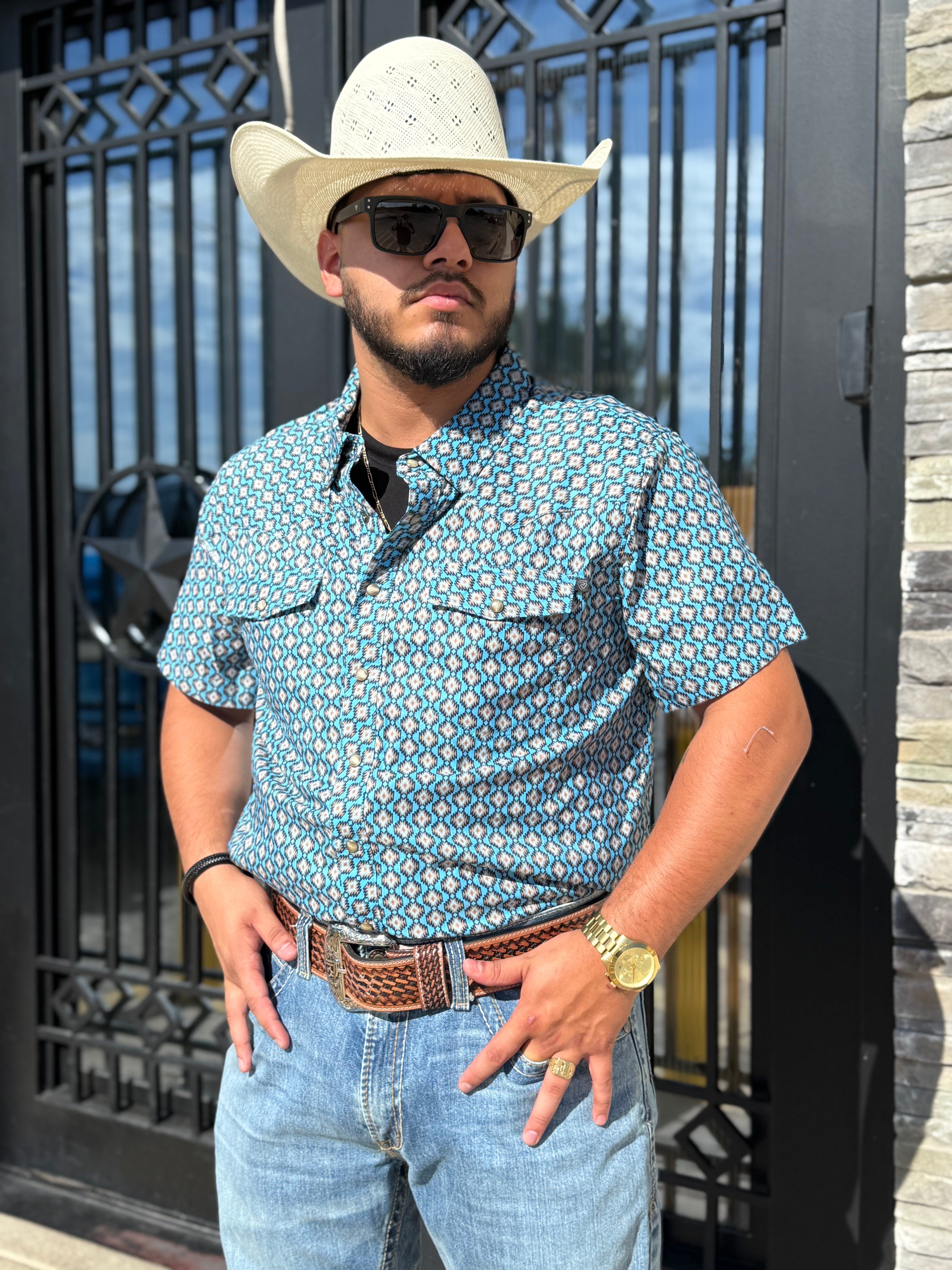 ‘’CARSON’’ MEN’S ROCK & ROLL BLUE MINI AZTEC TEK WESTERN SNAP SHIRT |BMN3S06422