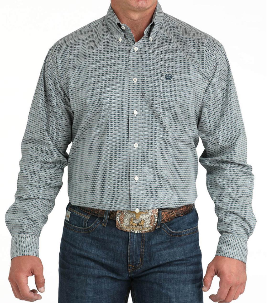 Cinch Men's Stretch Long Sleeve Print Button Down Shirt - Teal/White Shirt|MTW1105968