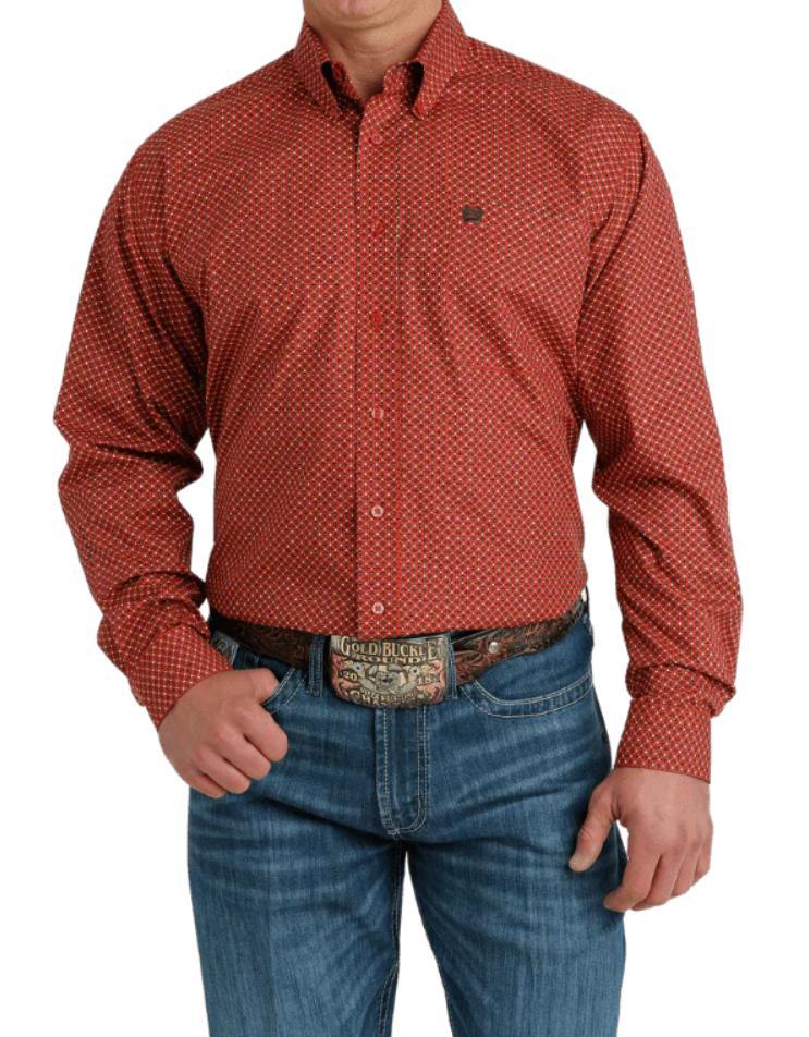 CINCH MEN'S RED GEOMETRIC PRINT LONG SLEEVE BUTTON DOWN WESTERN SHIRT |MTW1105653