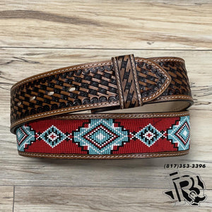 “ THOMAS  “ |  2 INCH MEN WESTERN TOOLED LEATHER BELT BEADED RED