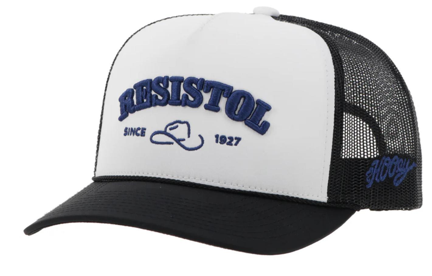 ‘’BRYAN’’ MEN’S HOOEY RESISTOL WHITE/BLACK 5 PANEL TRUCKER WITH BLUE CAP | 2454T-WHBK