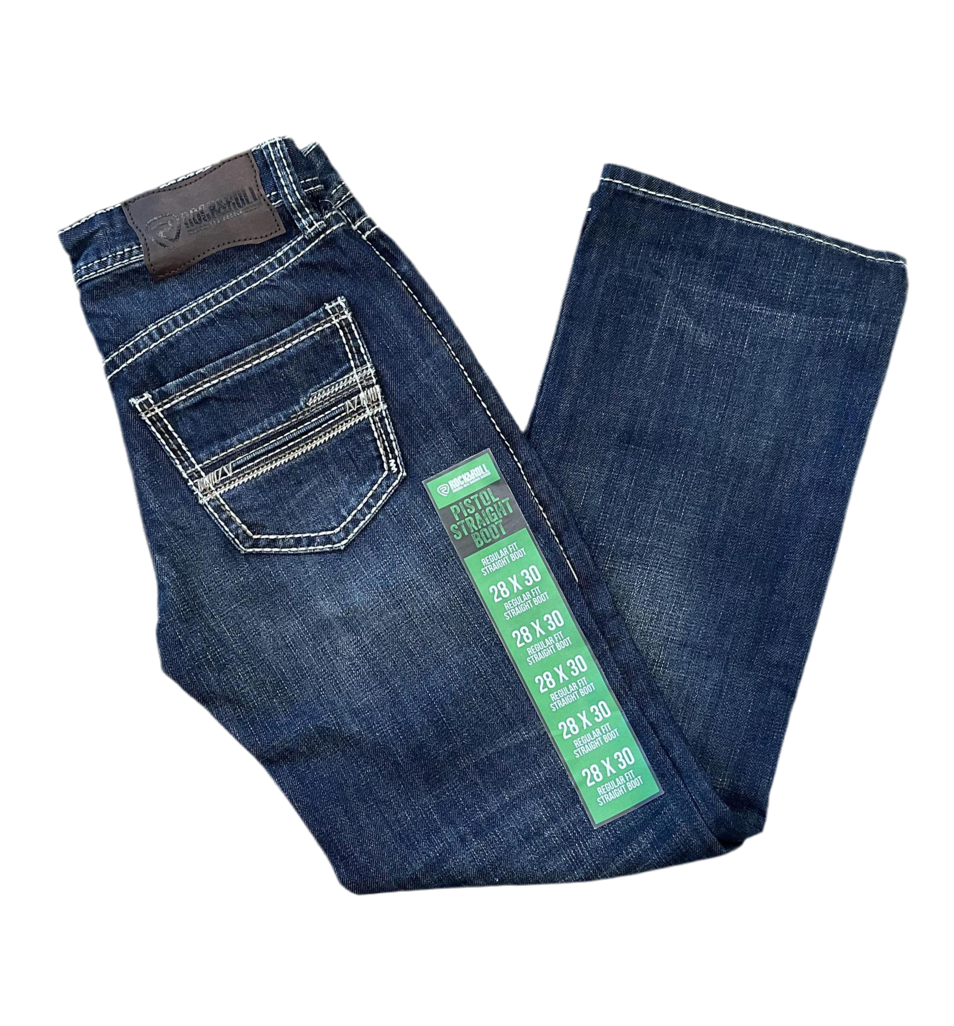 MENS ROCK & ROLL RAISED DENIM EMB PISTOL STRAIGHT BOOT DARK VINTAGE JEANS |BM1PD04817 GREEN LABEL