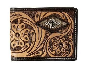 3D Western Wallet Mens Bifold Calf Hair Underlay Tool Brown -D250015802