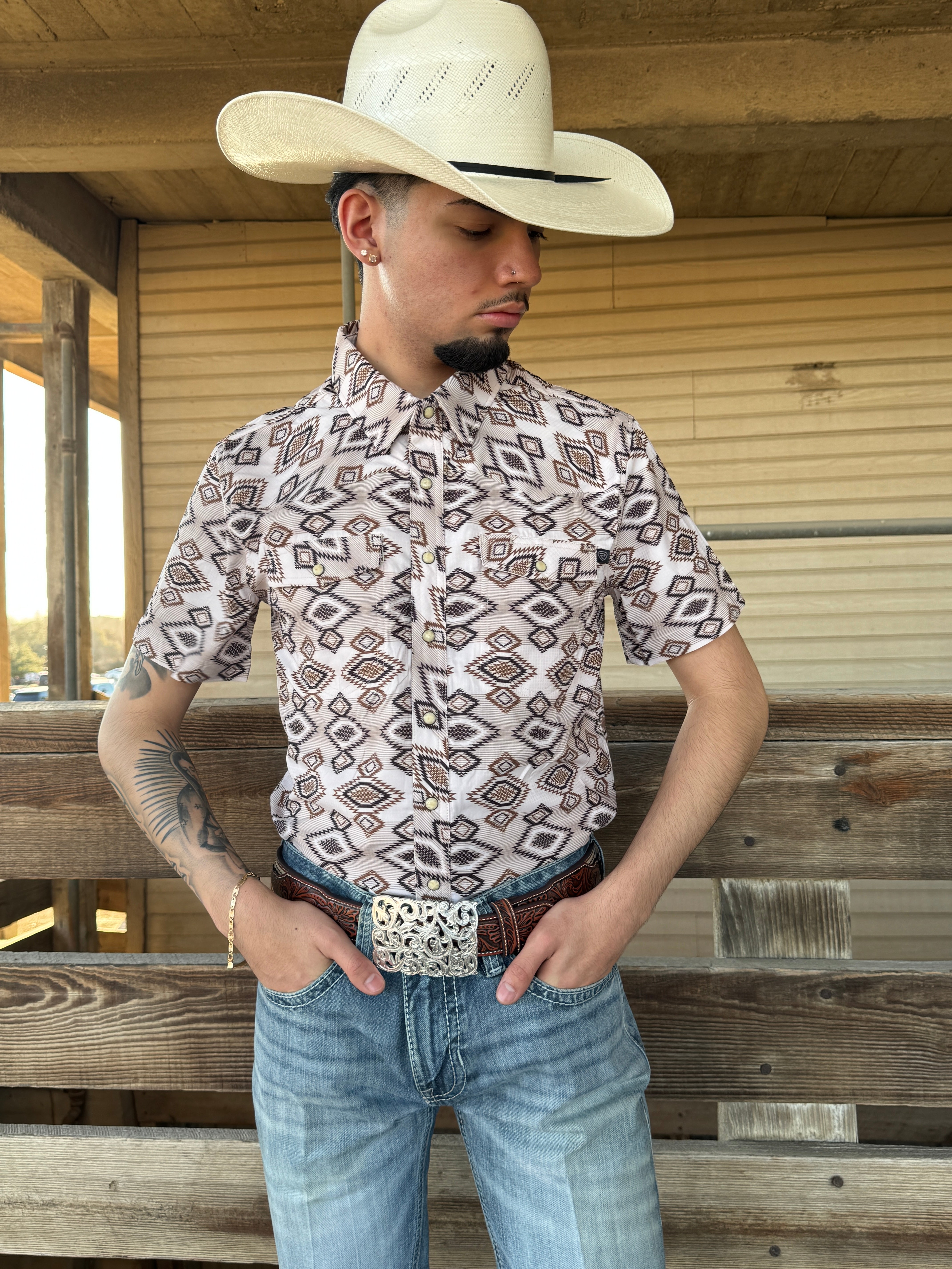 MEN’S ROCK & ROLL NATURAL TEK AZTEC PRINT SHORT SLEEVE SHIRT |BMNS05954