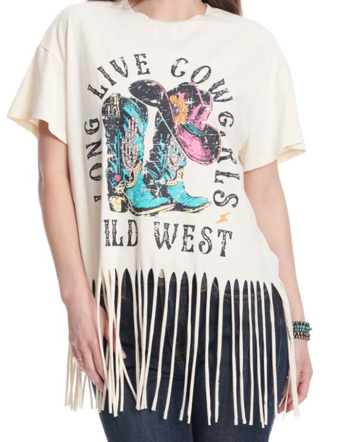 Womens Rock & Roll Fringe Natural  Oversized Tee | BW21T04020