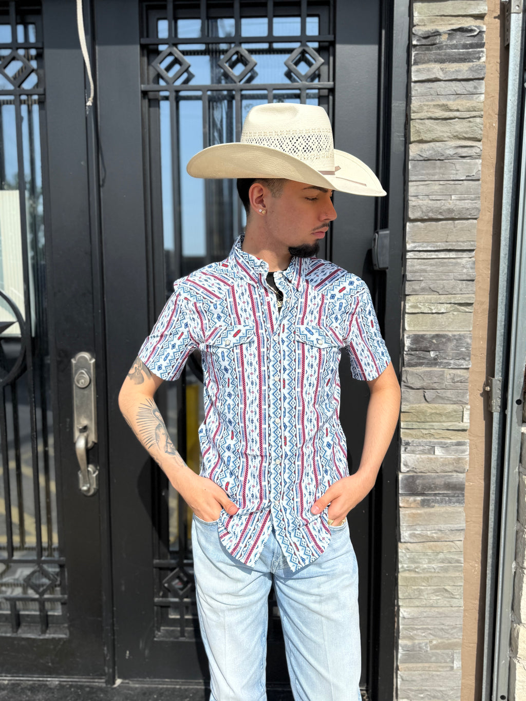 ‘’ALEXANDER’’ MEN’S PANHANDLE BLUE SNAP SHORT SLEEVE SHIRT | TMN3S06661