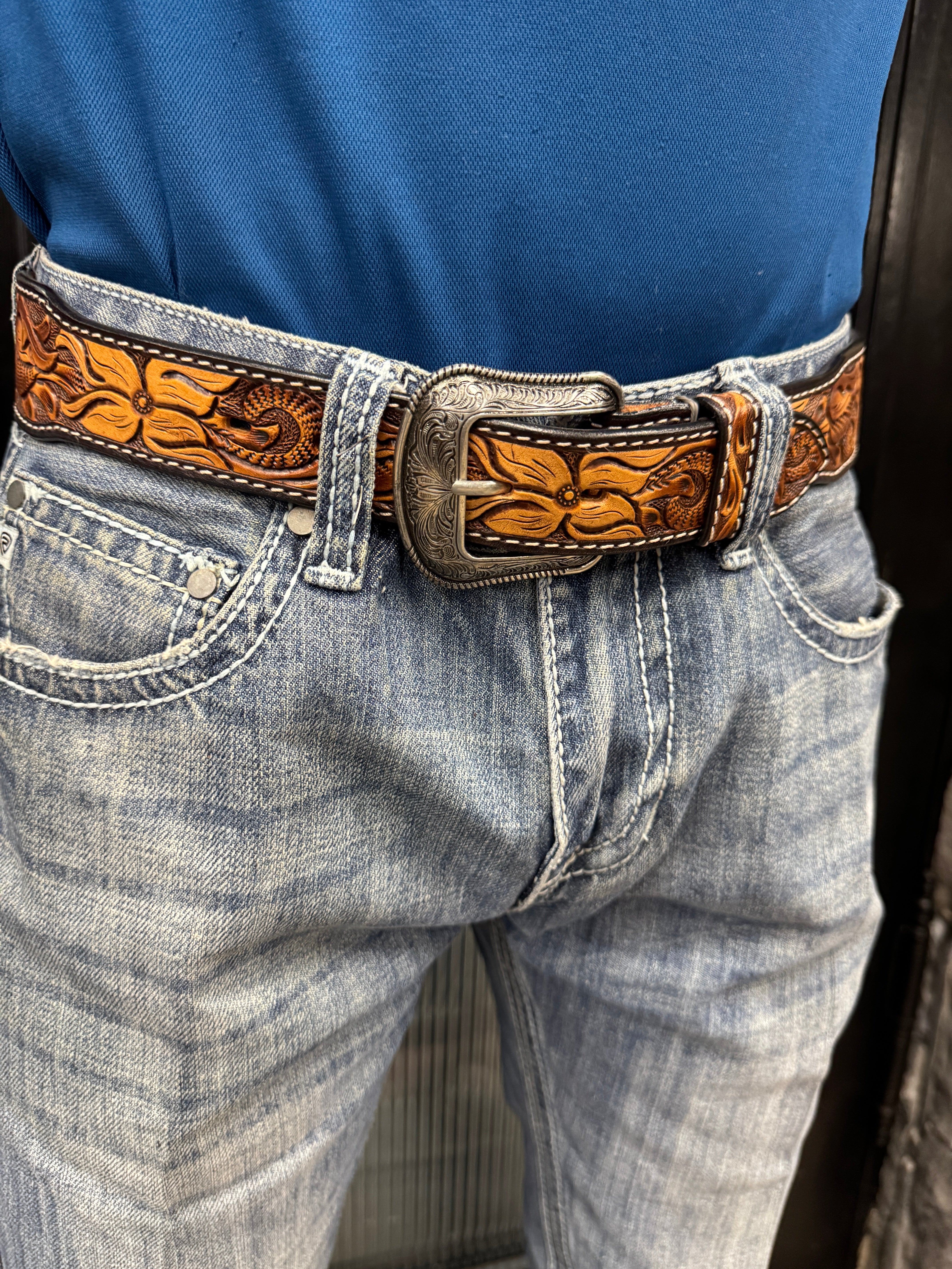 ‘’EDUARDO’’ Mens Floral Tooled Embroidered Belt |D100016997