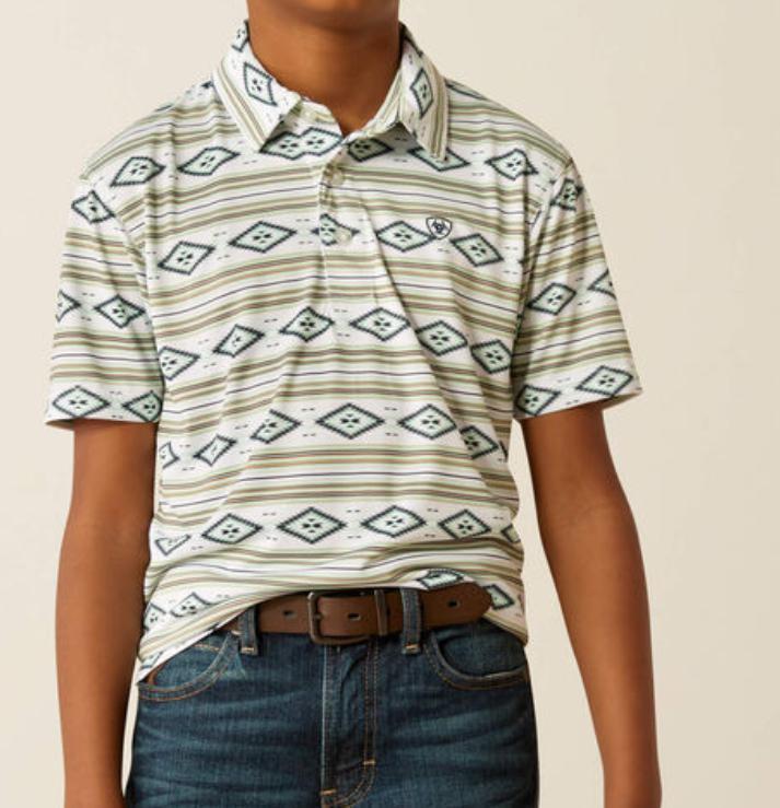 BOYS ARIAT ALL OVER PRINT WHITE SERAPE POLO |10055424
