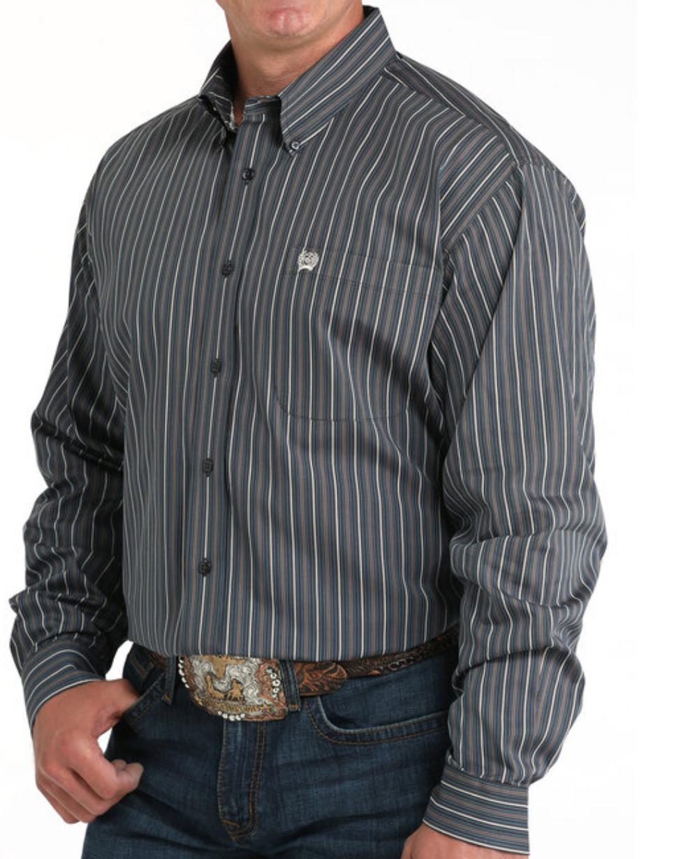Mens Cinch Classic Long Sleeve Button Down Charcoal/Blue Stripe|MTW1105958