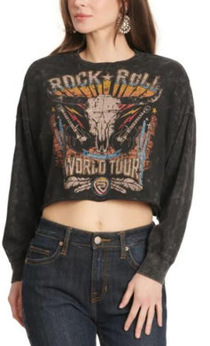 Rock & Roll Cowgirl Women's Black Rock & Roll World Tour Graphic Long Sleeve Cropped Pullover|BW91T03308