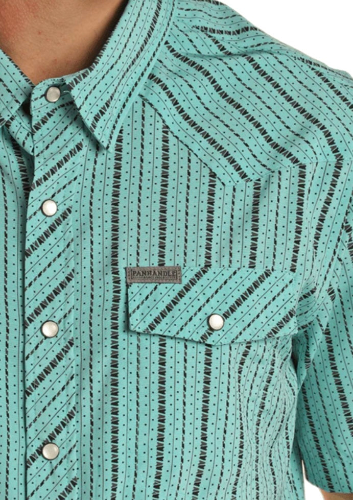 Panhandle men’s short sleeve 2pkt stipe woven turquoise shirt | TMN3S02461