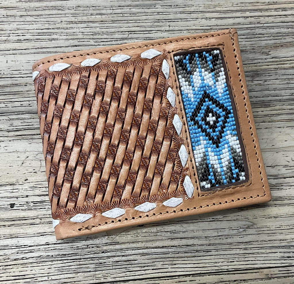 PAUL  “ | IRON SPUR WESTERN CO. MEN BI FOLD WESTERN TOOLED LEATHER WALLET BEADED