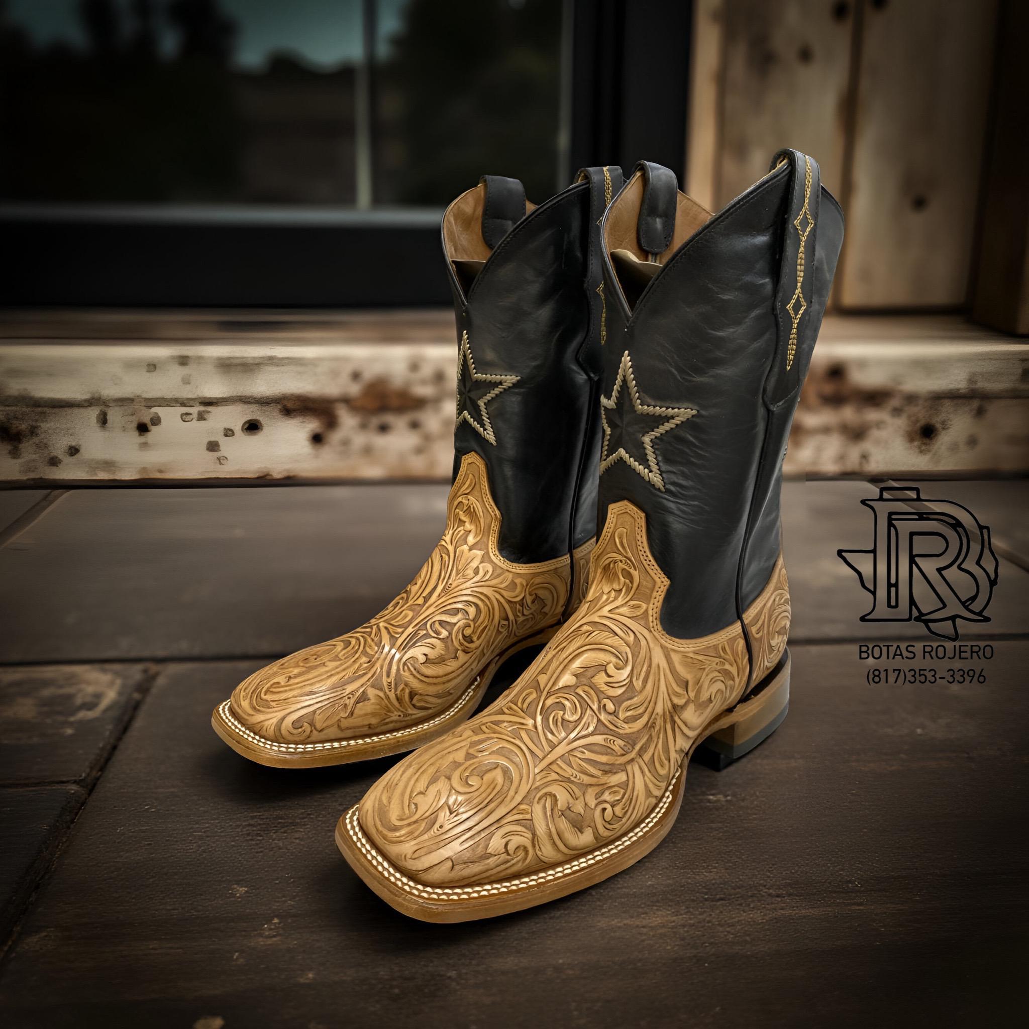 Handmade Tooled Leather Square Toe Boots – Natural Finish | Men's
