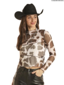 WOMENS MESH PRINTED BROWN TOP  | BW22T02716