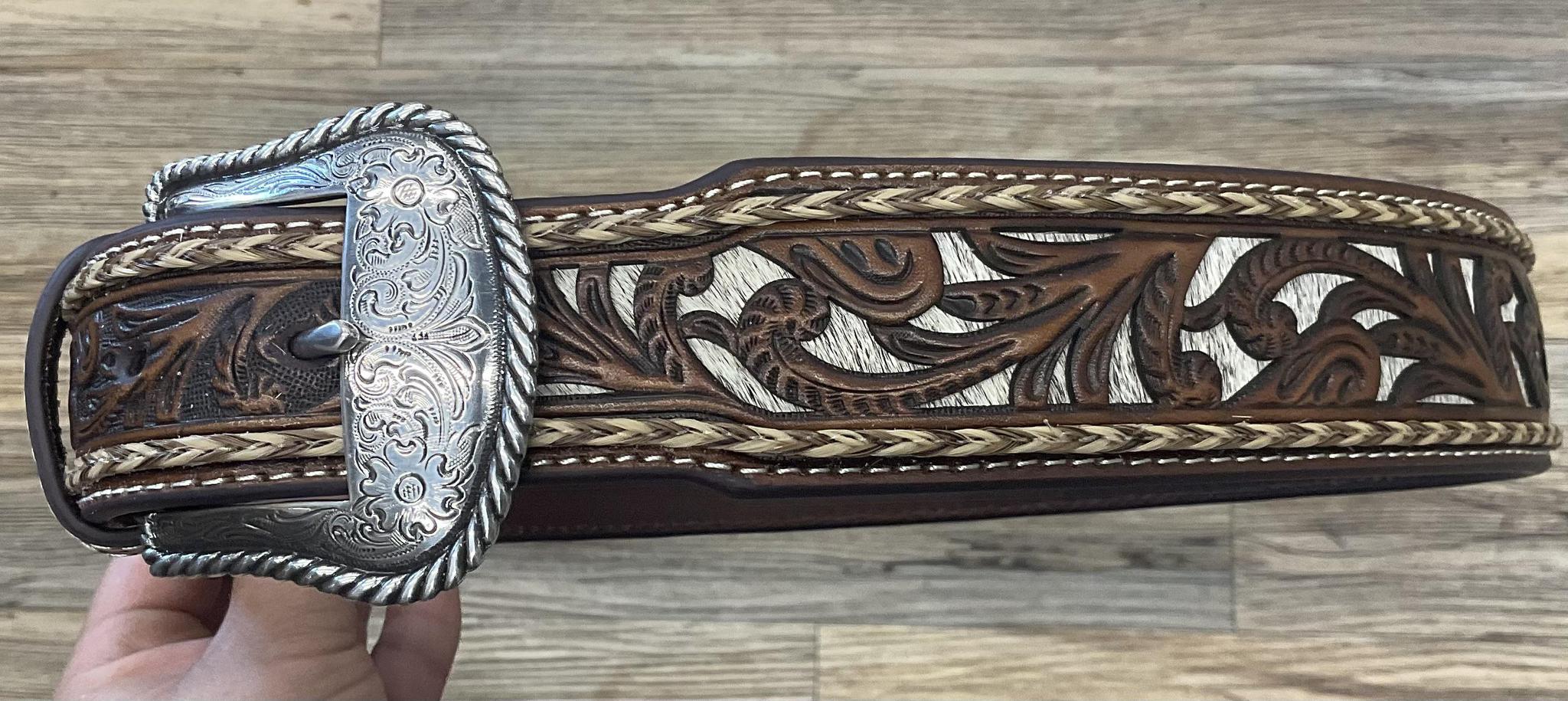 ‘’JONES’’ Nocona Men's Brown with cowhide Inlay Tooled Western Belt |N20009602