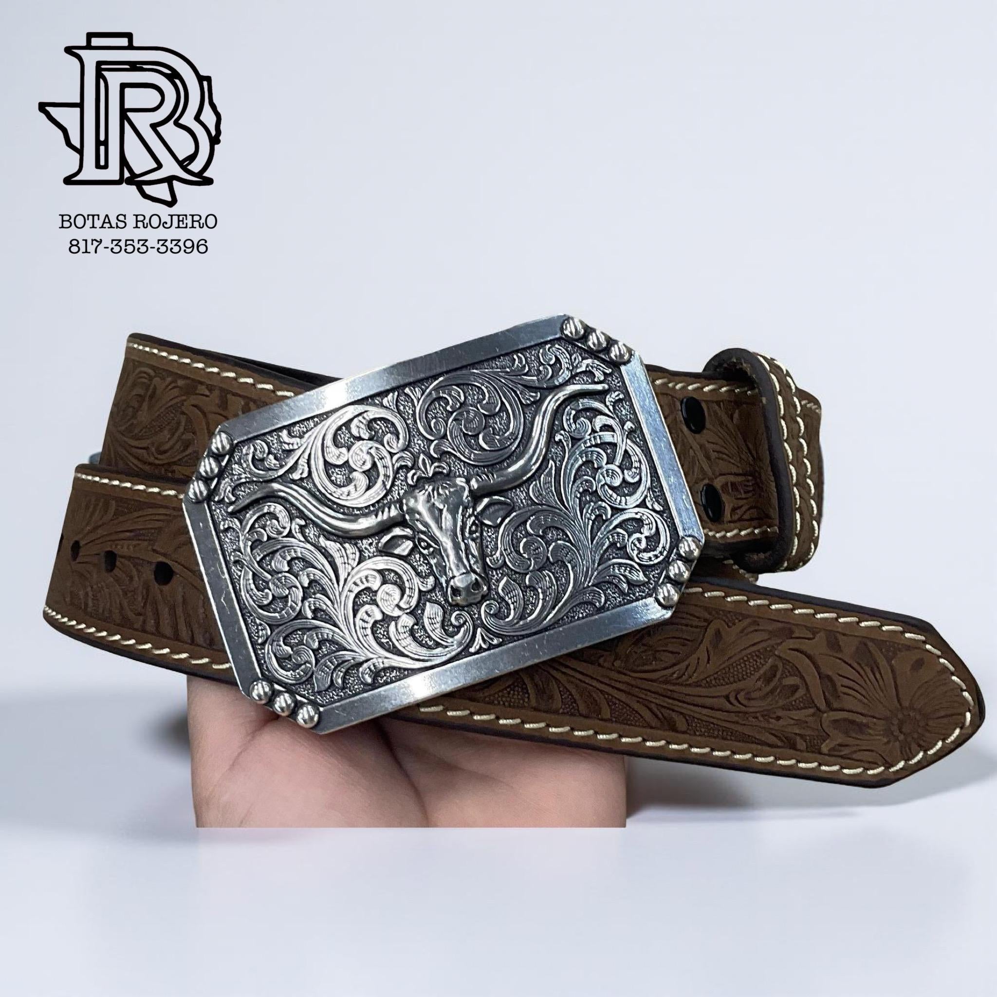 MENS 3D BELT FLORAL EMBOSSED LONGHORN | D100012102