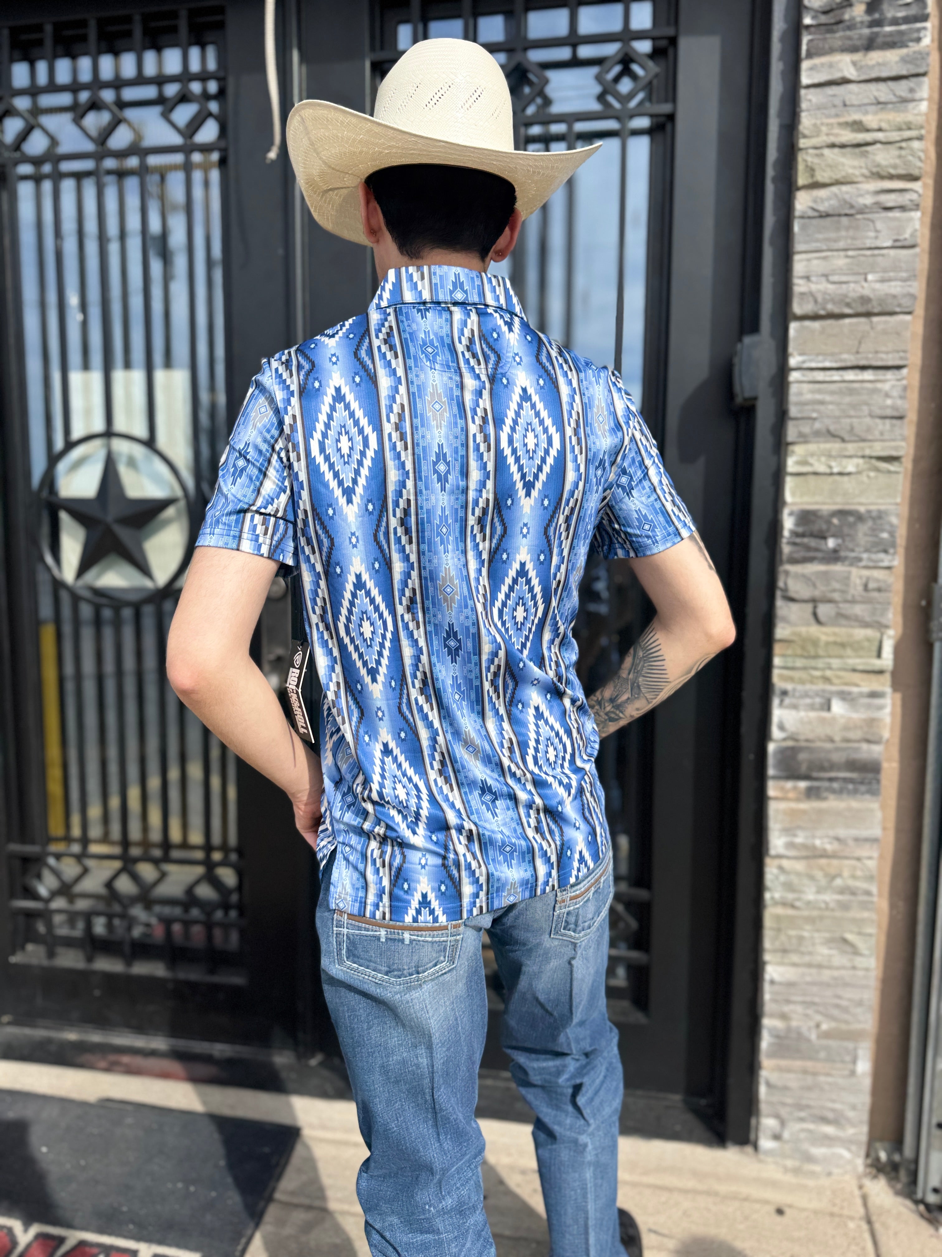 MENS ROCK & ROLL BLUE PRINTED AZTEC POLO | BM51T04452