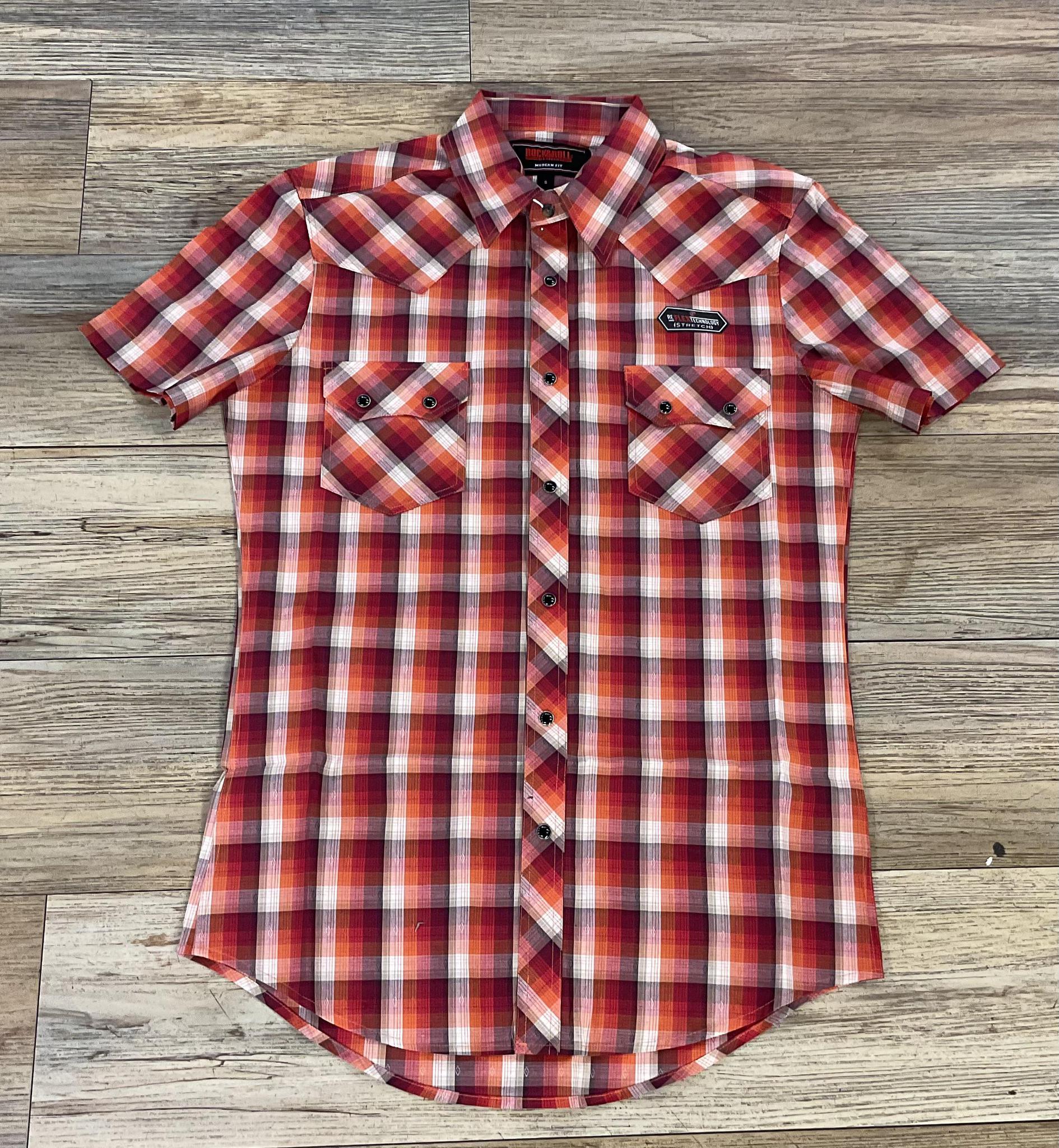 MEN’S ROCK & ROLL MODERN FIT RED PLAID DOBBY SHORT SLEEVE SNAP SHIRT |BMN3S05864