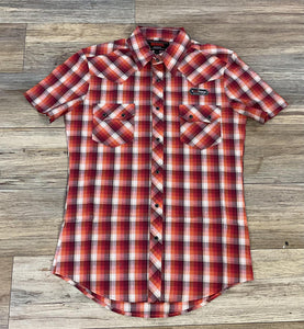 MEN’S ROCK & ROLL MODERN FIT RED PLAID DOBBY SHORT SLEEVE SNAP SHIRT |BMN3S05864