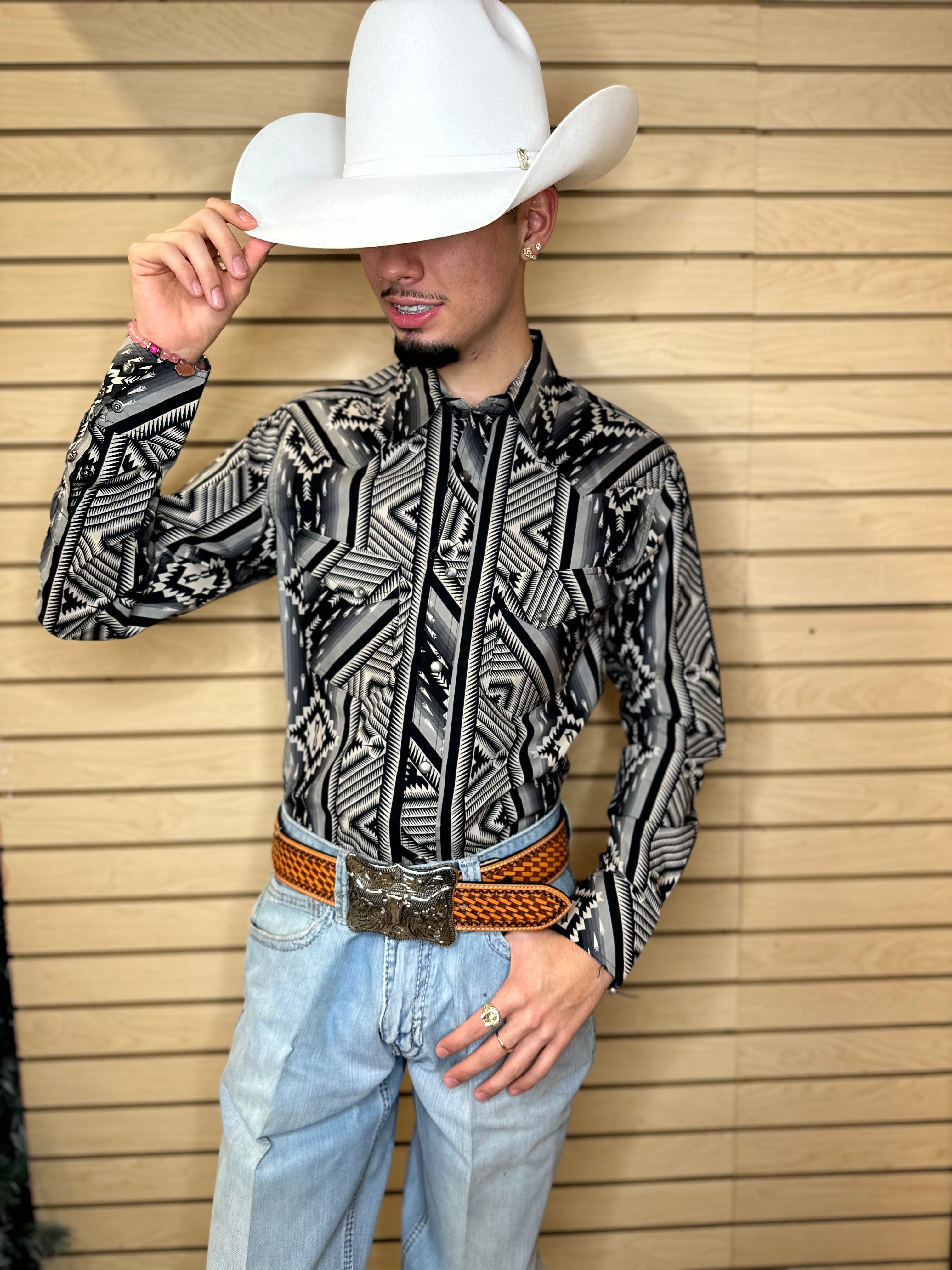 Men’s long sleeve Aztec woven snap black shirt | BMN2S02166