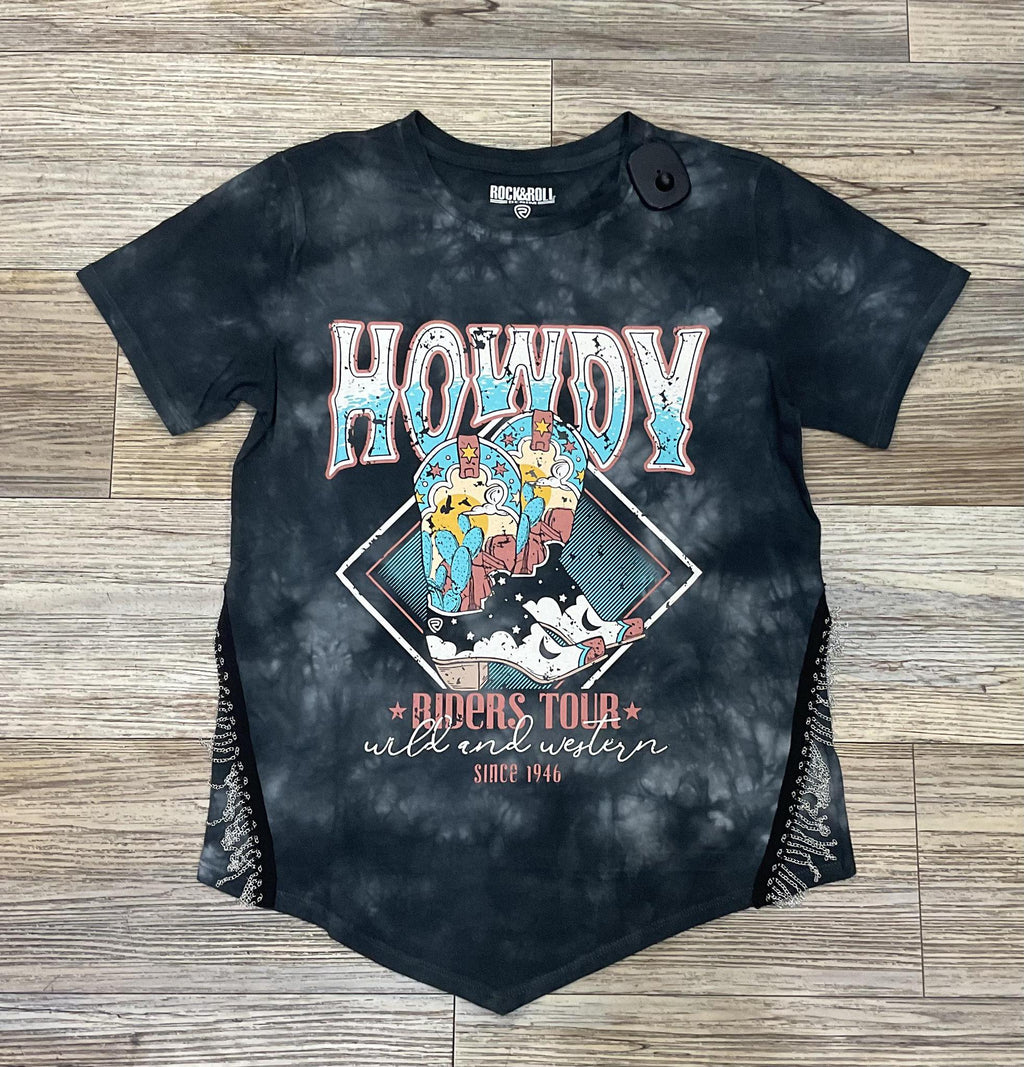 WOMEN’S ROCK & ROLL BLACK CHAIN FRINGE GRAPHIC TEE |BW21T06450
