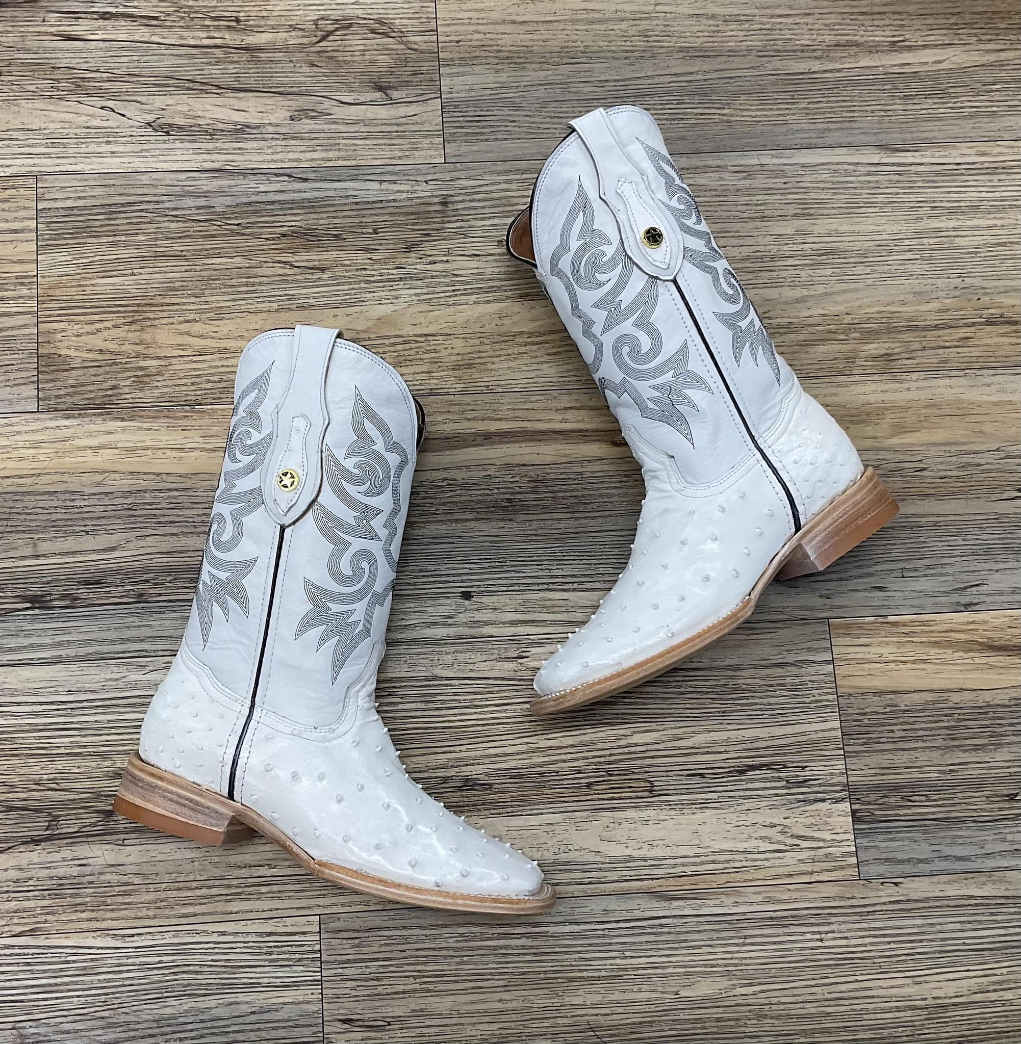 ‘’JETT’’ SNOW WHITE FULL QUILL OSTRICH MENS BOOTS|