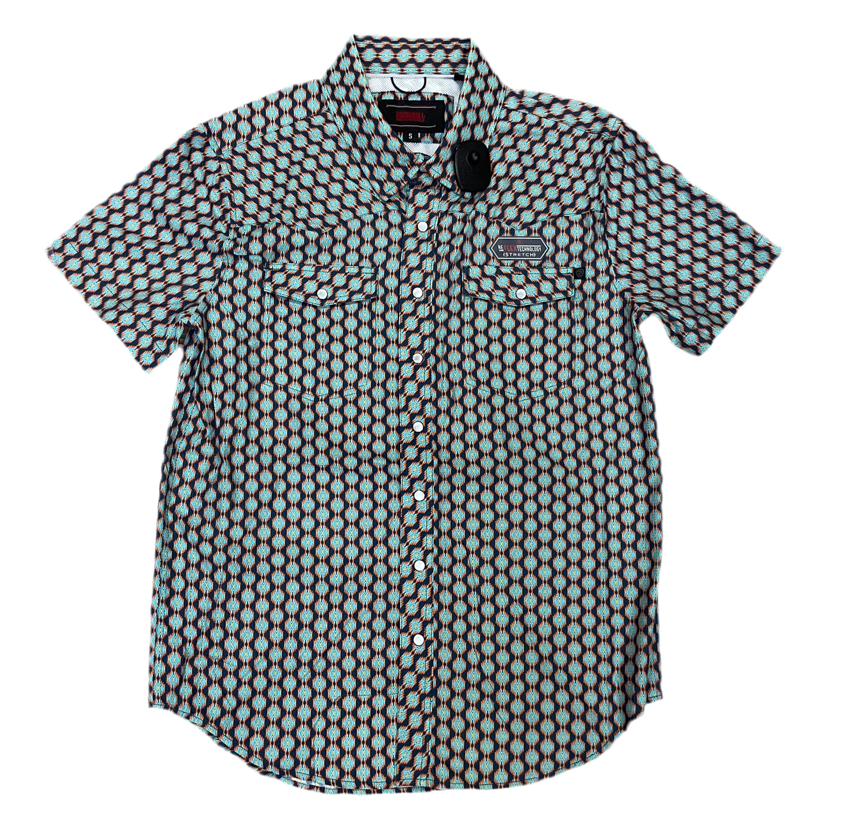 ‘’CESAR’’ MEN’S ROCK & ROLL TEAL MINI AZTEC TEK SNAP SHORT SLEEVE SHIRT |BMN3S06421
