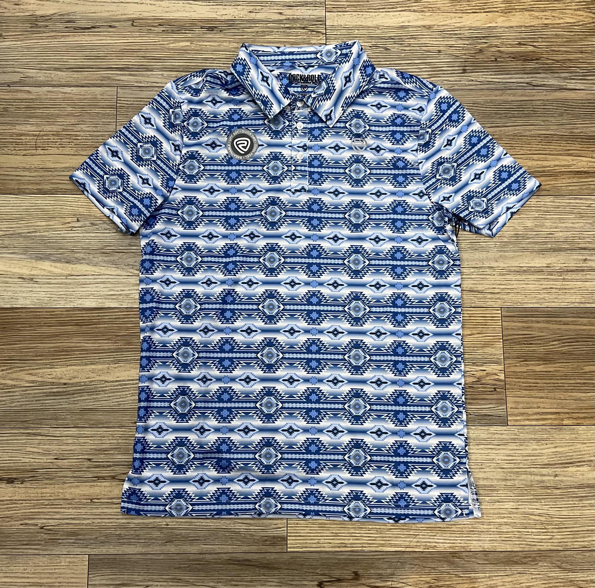 ‘’DAVID’’ MENS ROCK & ROLL BLUE AZTEC PRINT POLO | BMN51T07276