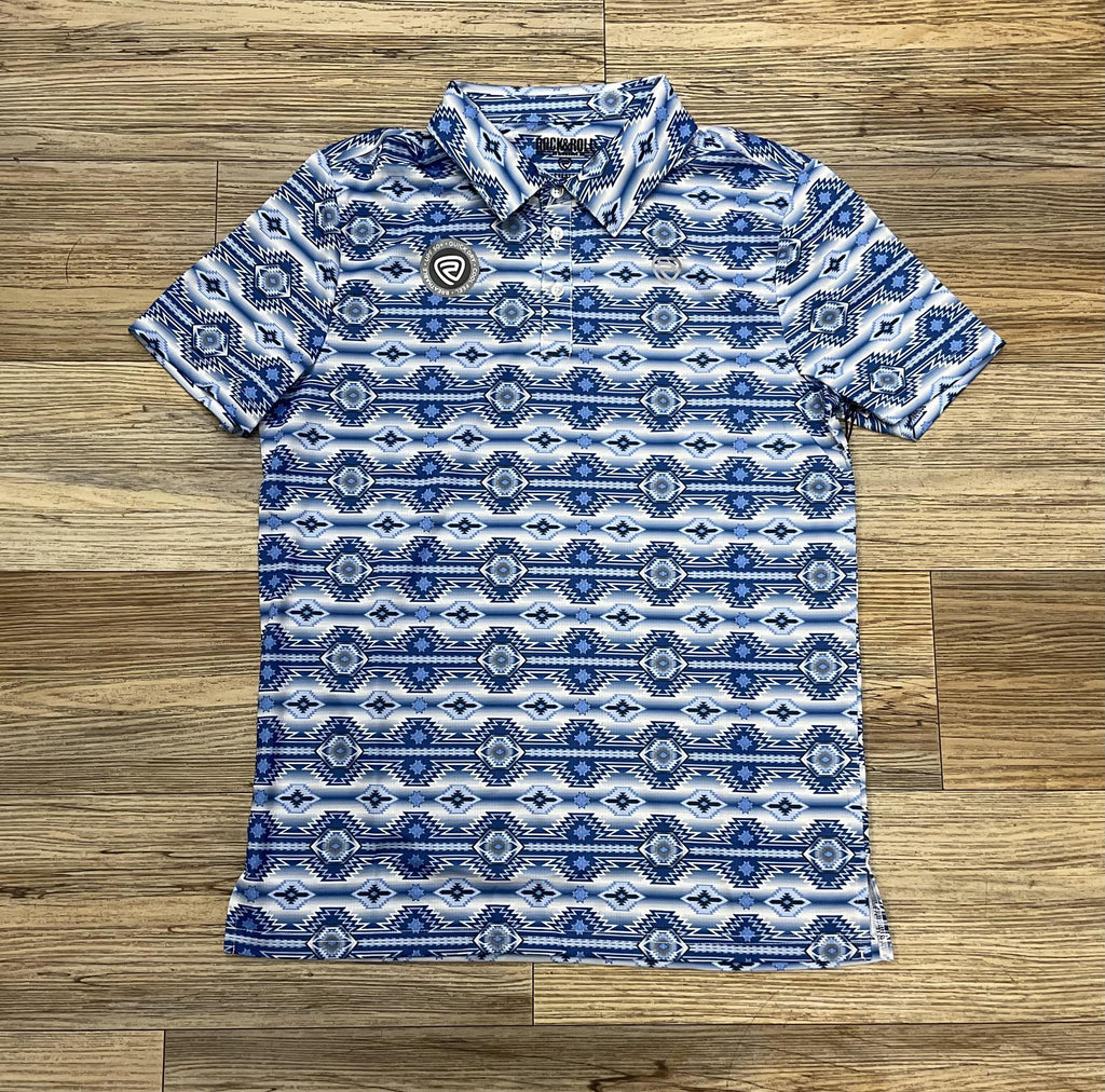 ‘’DAVID’’ MENS ROCK & ROLL BLUE AZTEC PRINT POLO | BMN51T07276
