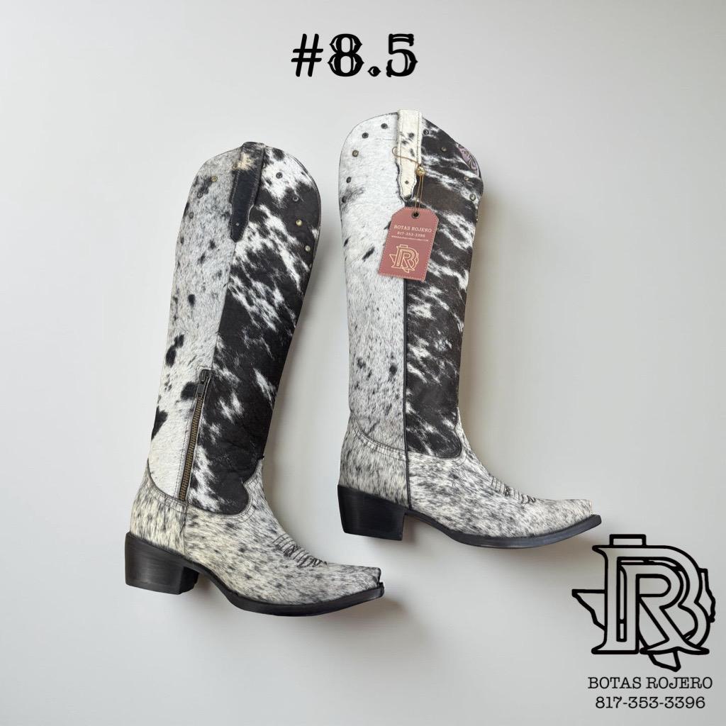 8.5 WOMEN COWHIDE BOOTS BLACK AND WHITE TALL SHAFT