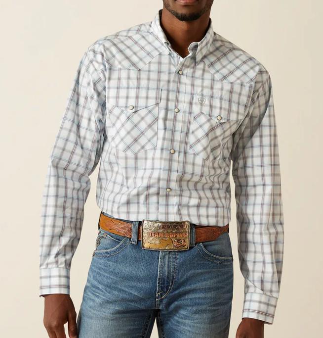 ARIAT MENS GREY BLUE PRO WORTH SNAP LONG SLEEVE SHIRT | 10058755