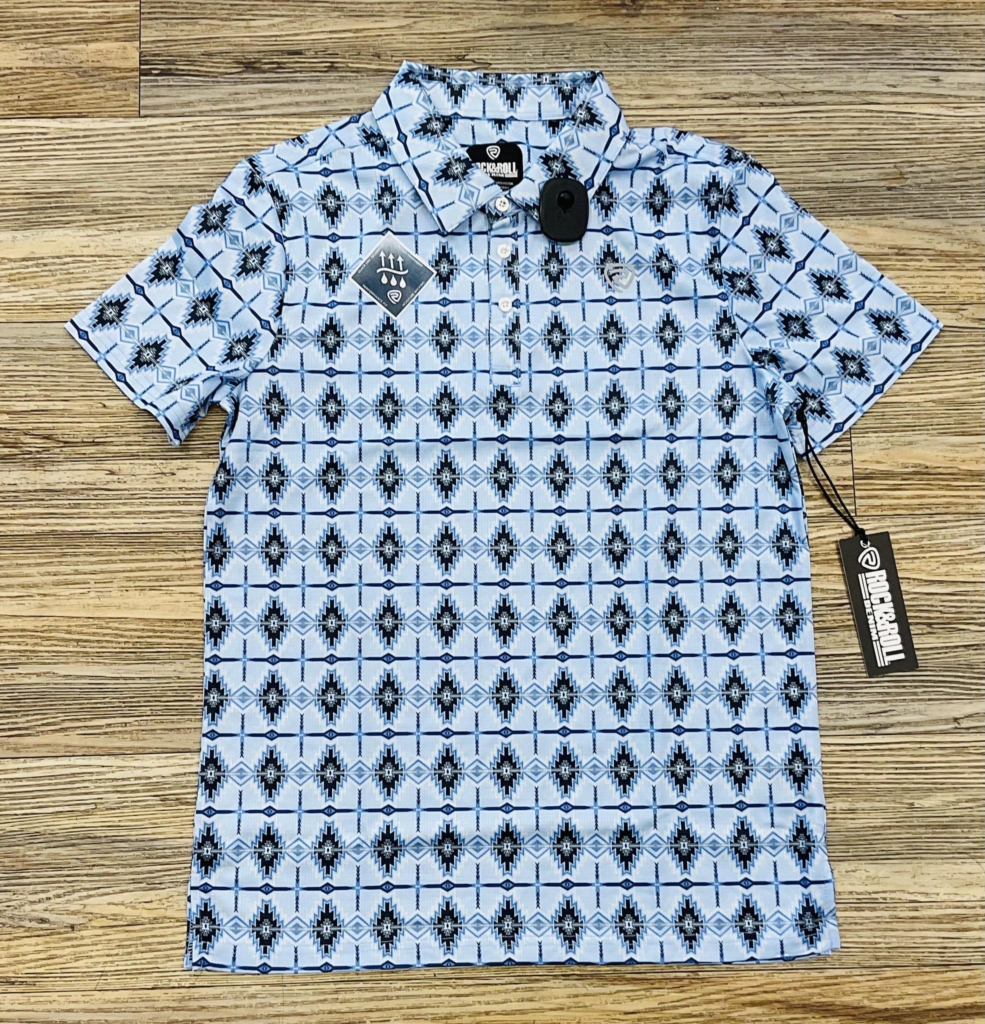 MEN’S ROCK & ROLL BABY BLUE AZTEC PRINTED POLO |BM51T05992