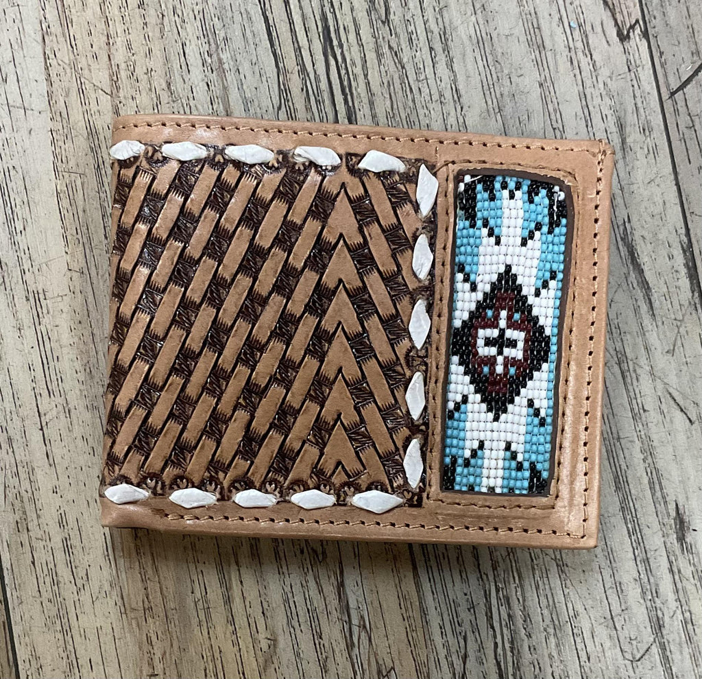 “ OSCAR  “ | IRON SPUR WESTERN CO. MEN BI FOLD WESTERN TOOLED LEATHER WALLET BEADED TURQUOISE