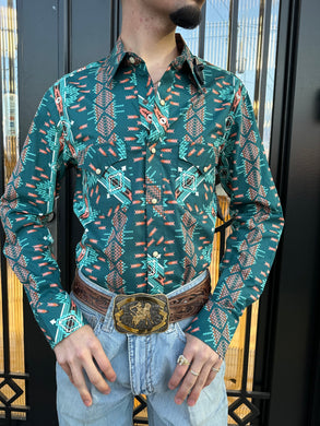 Mens long sleeve 2pkt Aztec woven snap turquoise shirt | BMN2S02151