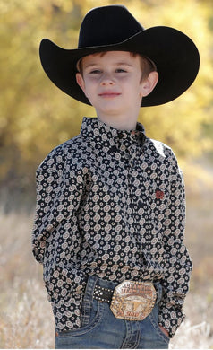 Cinch Youth Boy's Black Geometric Print Button Down Shirt  |MTW7060321
