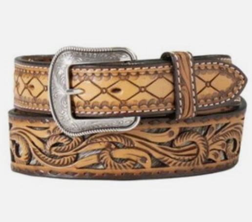 3D Western Mens Belt Leather Tooled Calf Hair Underlay Tapered Brown |D100016302