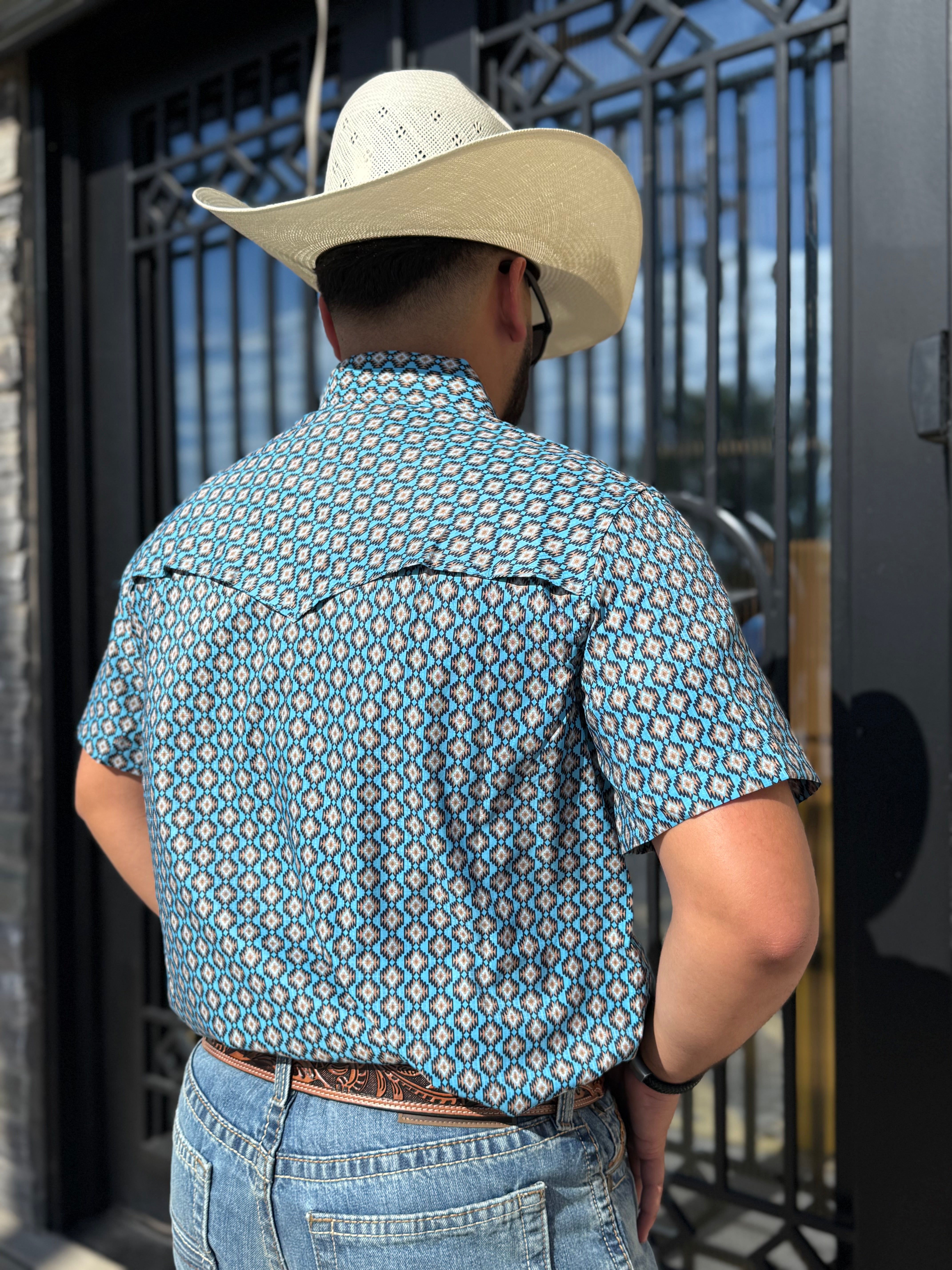 ‘’CARSON’’ MEN’S ROCK & ROLL BLUE MINI AZTEC TEK WESTERN SNAP SHIRT |BMN3S06422