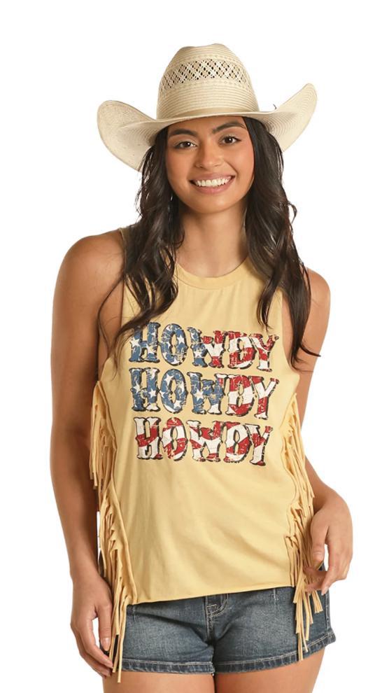 Womens fringe tank with graphic sunshine | RRWT20R0YJ