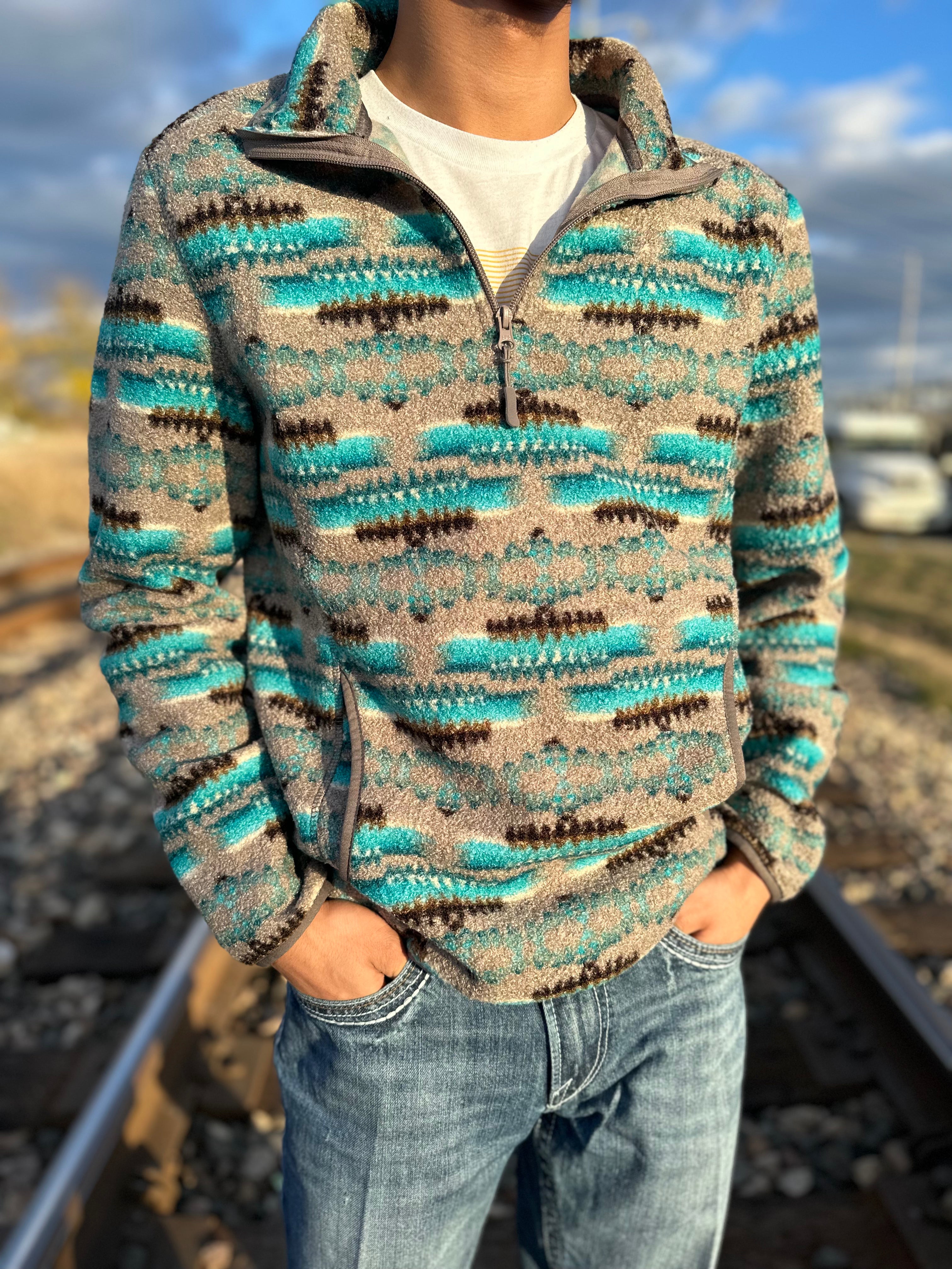 ROCK & ROLL MENS AZTEC PRINT TEAL PULLOVER | BM91C02293