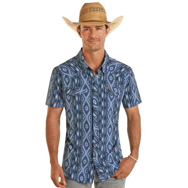Men’s Panhandle short sleeve aztec woven blue shirt | TMN3S04293
